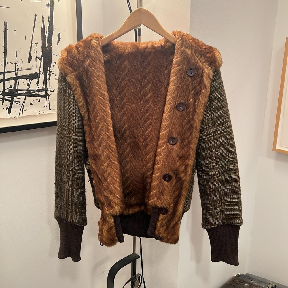 Ulla Johnson Fully Reversible Fur and Wool Plaid Bomber Jacket with Hood